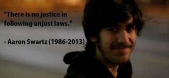 Aaron sorridente con in sovra impressione la citazione "There is no justice in following unjust laws." - Aaron Swartz (1986 - 2013)